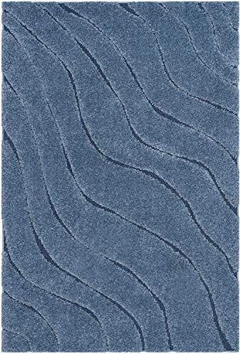 Image of Textured Wave Shaggy Rectangular Carpet For Living Room,Bedroom,High Low Design Finish Microfiber 1.8 Inch Pile High,4X6 Feet Sky Blue|Blue Color