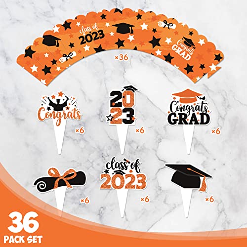 Mosailles 2023 Graduation Cupcake Decorations, Graduation Party Cupcake Toppers Wrappers Set Grad Cap Class Of 2023 Graduate Cap Diploma Congrats Grad Graduation Party Decor Set Of 36 Orange #TOP1