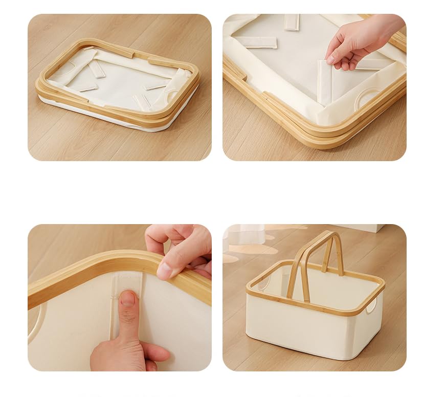 Caja de almacenamiento plegable con mango de bambú, tela Oxford (beige, 40,5 x 33 x 17 cm)