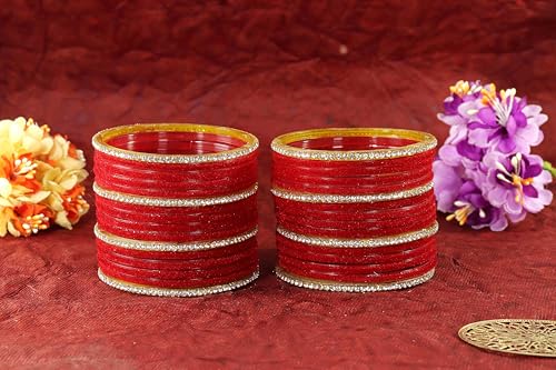 Image of NMII Fancy Glass Golden Zircon Diamond Stone & Velvet Finish Plain Bangles Set For Women & Girls | Glass Velvet Bangles | Kanch ki Chudiyan | Girl's Bangles Bracelet | Fashion Jewellery- Set of 32