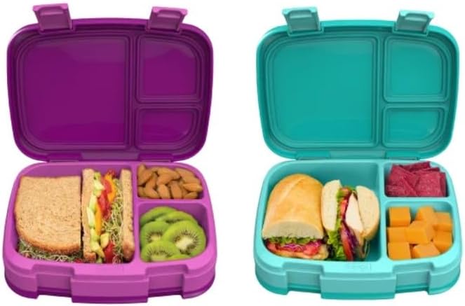 Fresh - New & Improved Leak-Proof, Versatile 4-Compartment Bento-Style Lunch Box - 2 Pack (Purple/Green)