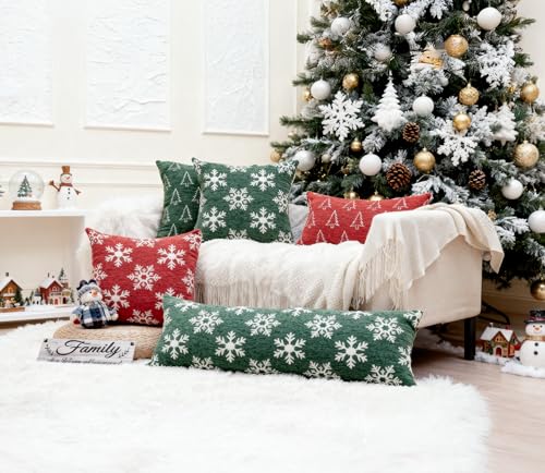 Image of 2 Pack Soft Chenille Christmas Reversible Throw Pillow Covers 12x20, Holiday Double-Sided Snowflake & Tree Cushion Cases for Sofa Couch Living Room(Green,20x12)