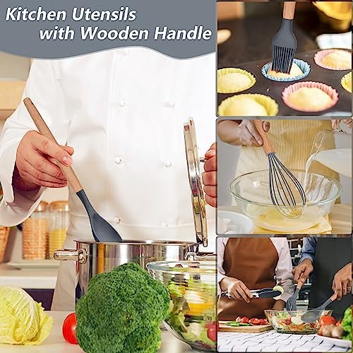 Herogo Kitchen Utensils Set with Holder, 10 Pieces Silicone Cooking Utensil with Wooden Handle, Heat Resistant & Non-Stick, Cooking Spatula Turner Tong Gadgets Utensil Set – Grey - Image 4