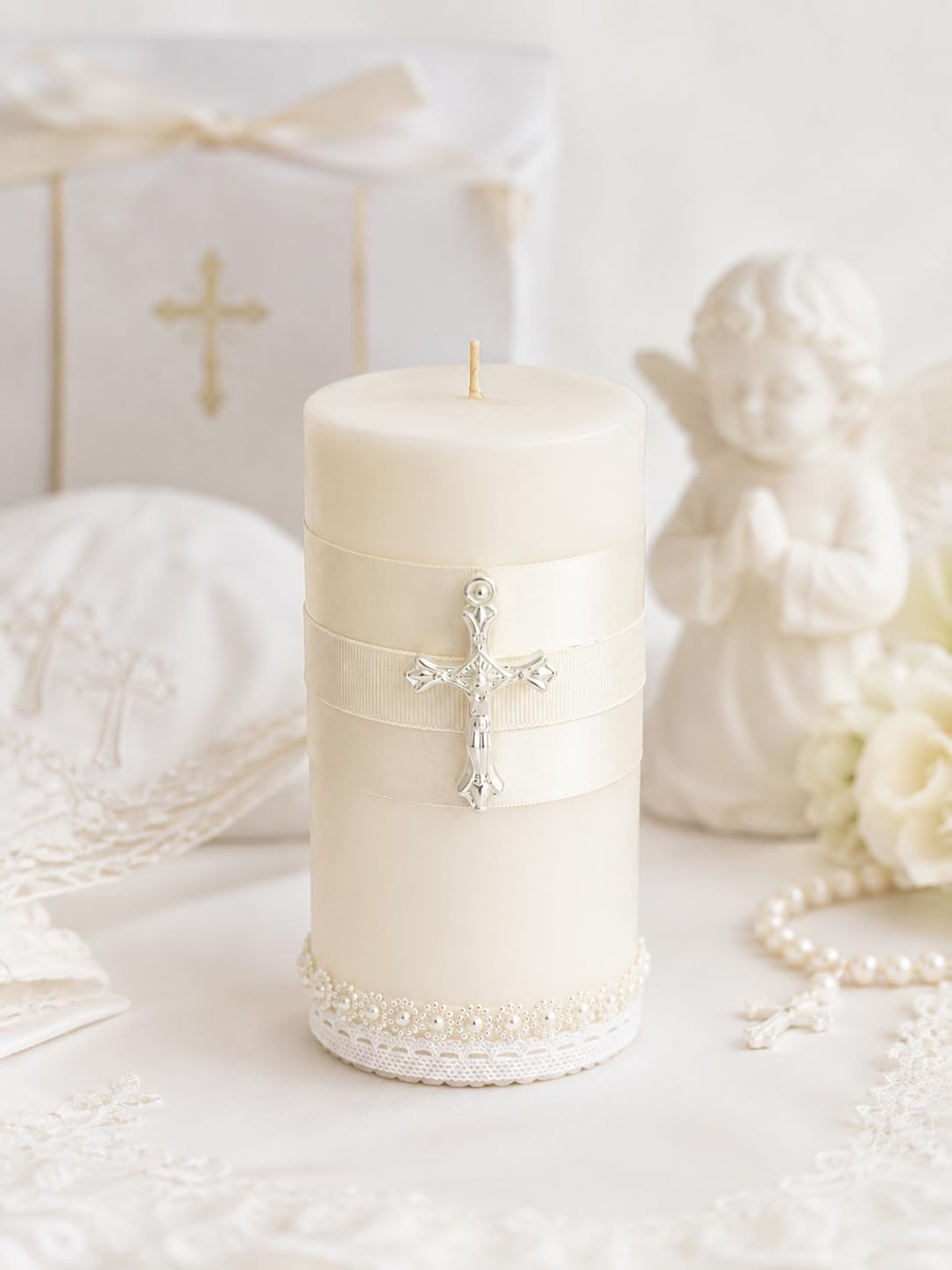 WHITEROOM Baptism Candle for Boys or Girls, Communion Pillar Candle with Pearalr Cross, Elegant Christening Decor, Religious Ceremony Gift, Handmade Ivory Candle