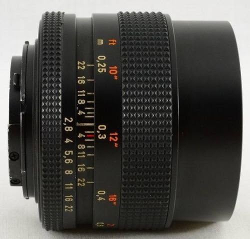 Side view of the Contax Zeiss 28mm f/2.8 Distagon T* MM Lens, showing the focus and aperture rings with distance and f-stop markings.