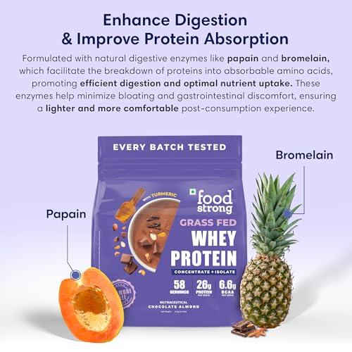 Image of Foodstrong Whey Protein Powder (Concentrate + Isolate), 100% Hormone Free Grass-Fed Whey, 26G Protein & 6.6G BCAA, Chocolate Almond, With Turmeric & Digestive Enzymes, 2KG