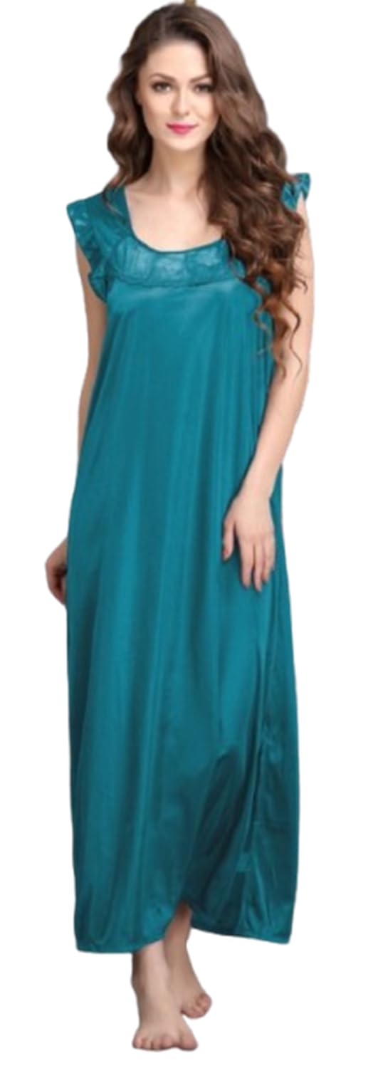 Women Satin Silk Long Nighty, Pink, Sleeveless, Square Neck, Lace Design, Full Length Maxi Nightwear Gown | Blue-picture-51