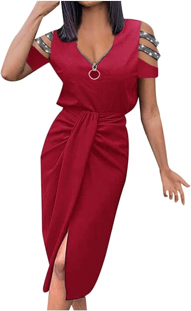 Amazon.com: Vestidos de invitada de boda para mujer, de manga corta, sexy,  con hombros descubiertos, cuello descubierto, vestido a la moda, vestido  fruncido con abertura : Ropa, Zapatos y Joyería