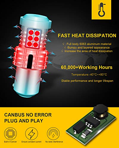 Katur 1157 Bay15D P21/5W 1034 7528 Led Bulbs Canbus Error Free Super Bright 12Pcs 3030 & 8Pcs 3020 Chip Replace For Turn Signal Reverse Brake Tail Stop Parking Rv Light,Brilliant Red(Pack Of 2) #TOP1