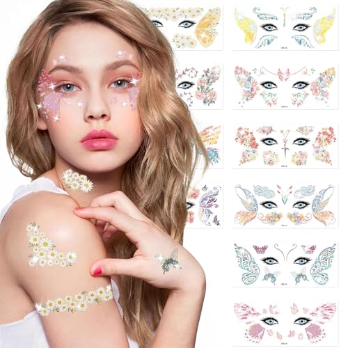 Muorruo Ensemble de 10 Tatouages Temporaires Papillon Pailleté, Tatouages Visage Ailes de Fée pour Fêtes d'Anniversaire, Cadeaux de Fête de Maquillage...