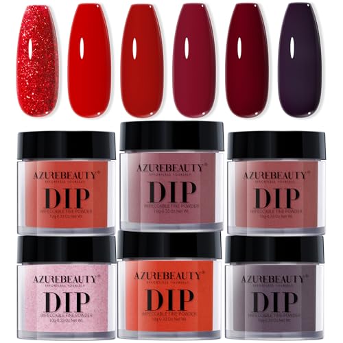 AZUREBEAUTY Dip Powder Red Glitter 6 Colors Dipping Powder Starter Kit with Heart-Shaped Sequins French Nail Art Manicure DIY Salon Valentines Day Gift for Women No Need Nail Lamp Cured