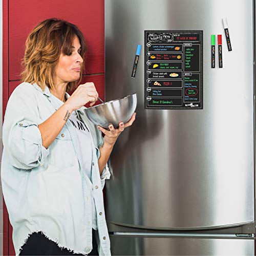 Magnetic Dry Erase Menu Board For Fridge Includes 4 Liquid Chalk Markers - Weekly Meal Planner Blackboard, Grocery List And Notepad For Kitchen Refrigerator - Chalkboard Magnet #TOP3