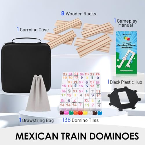 Mexican Train Dominoes Double 15 con 8 Soportes de Madera miniatura 4