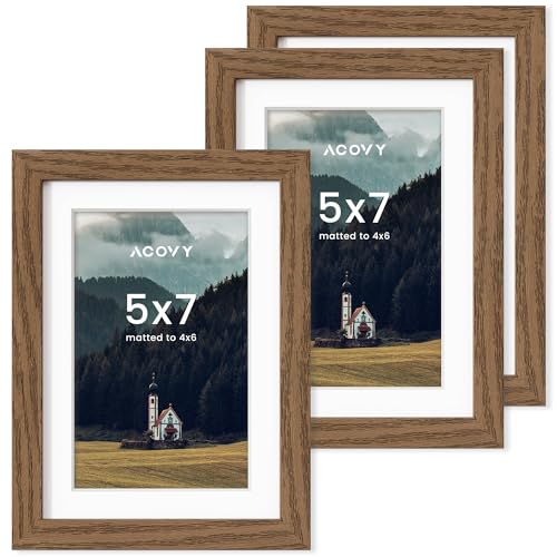 Acovy 5x7インチ写真フレーム、ウォールナット3点、マット仕上げ5x7フレーム4x6、写真フレーム5x7インチ、高解像度プレキシガラス、壁&卓上ディスプレイ付き