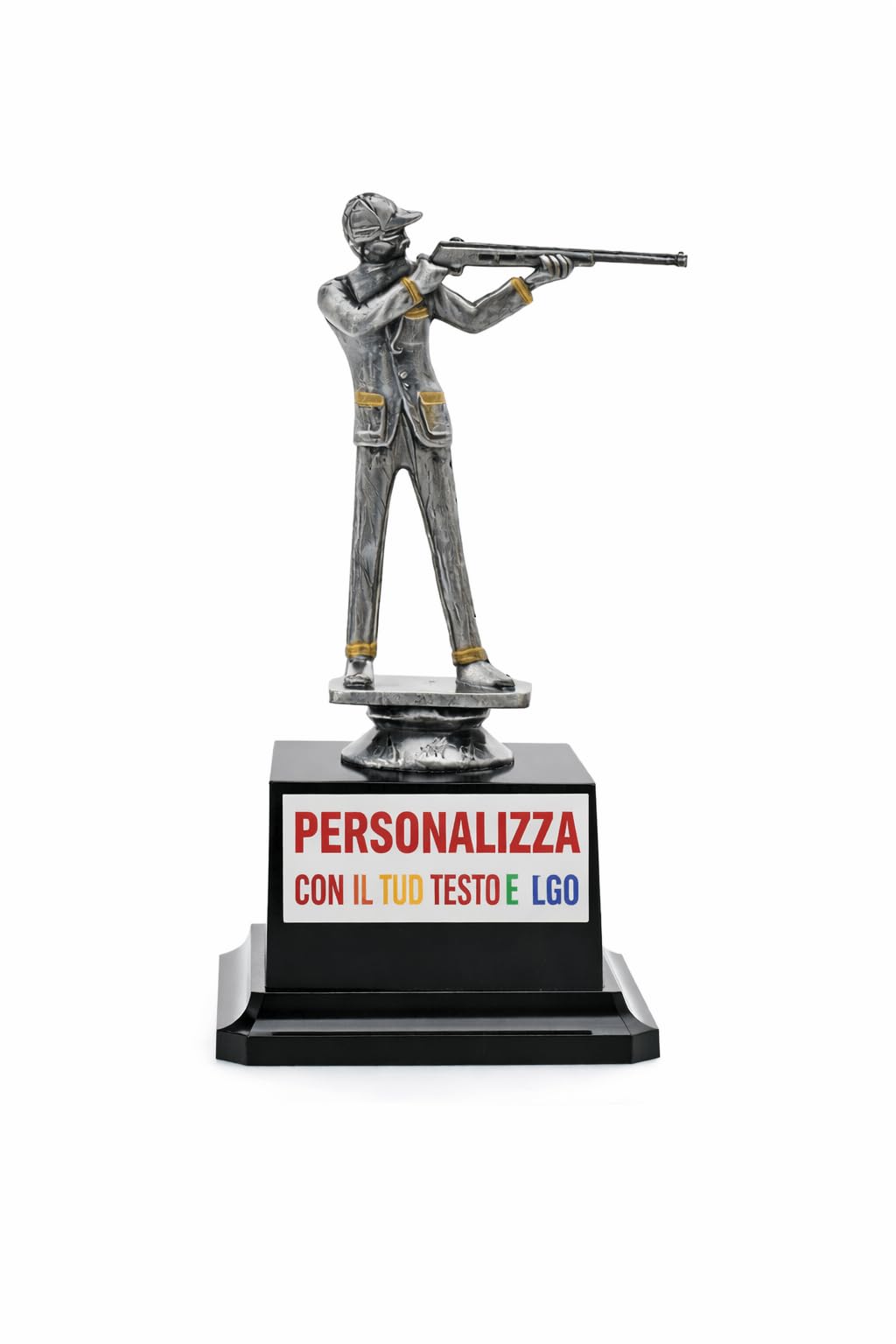 D&Vlab Trofeo Torneo Caccia Tiro 18 cm Argento con Dettagli Oro Personalizzato con Targhetta Bianca – Coppa Premiazioni Sportive Gare