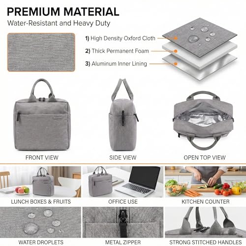 Image of Wooum Lunch Bag for Men & Women, Office Tiffin Bag, Travel Lunch Pouch with Handle, Water Resistant Lunch Box, Insulated Tiffin Bag for School, College, Picnic - Navy Blue (Light Grey)