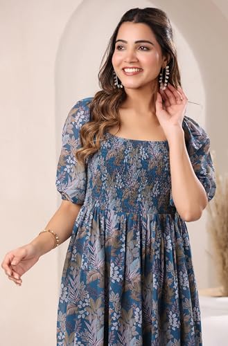 Image of Janasya Women's Teal Georgette Floral Printed Tiered Dress
