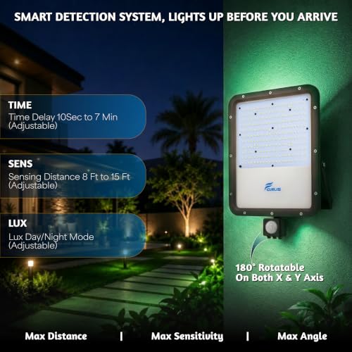 Image of Forus 150W LED Flood Light Green with Motion Sensor Auto On Off Day Night Mode Waterproof Outdoor Security Light for Garden Parking Garage Factory Warehouse High Bright Floodlight 4Yr Warranty-1Pc