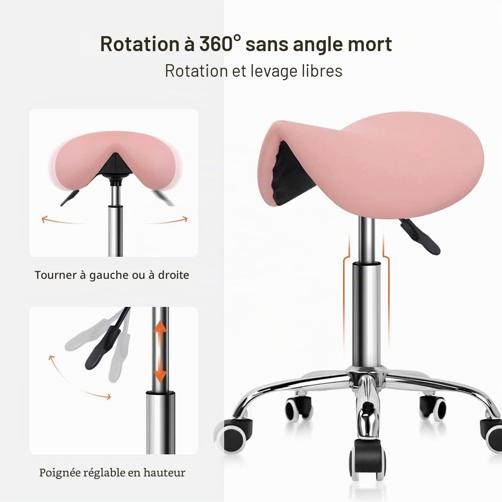 KKTONER Tabouret Selle de Cheval Tabouret à roulettes réglable en Hauteur 45-61 cm en Cuir PU Rose