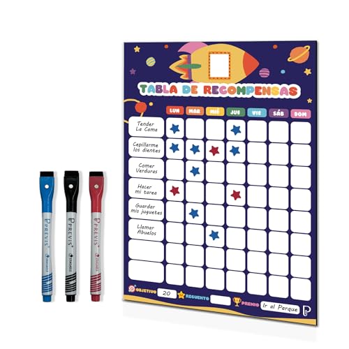 PREVIS Tabla de Recompensas Magnética Infantil A4 (210 x 300 mm) – Pizarra Decorativa de Tareas para Nevera – Organizador Tareas Niños Temática Espacial – Calendario Magnético con 3 Rotuladores