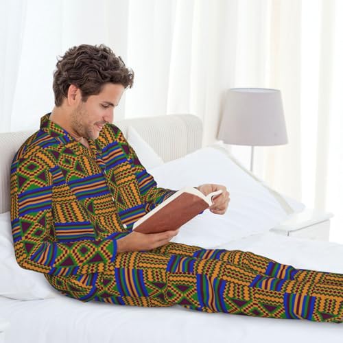 Kente African Print Mans Pajamas Long Sleeve Pajama Set Button Down Pj Pants Set Sleeping Suit Soft Casual Homewear4
