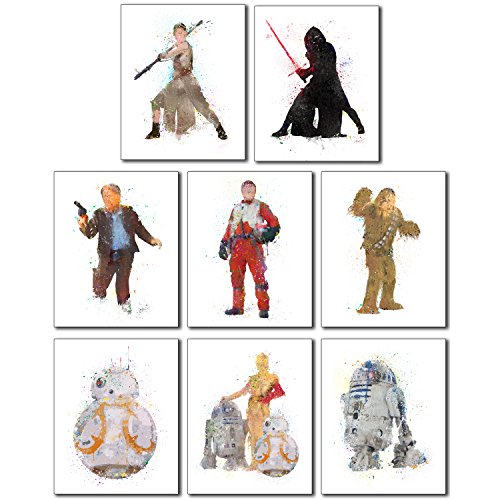 Star Wars Watercolor Wall Art Poster Prints - Set of 8 Photos - Rey Poe Han Solo Chewbacca BB8 R2D2 Kylo Ren and C3PO!
