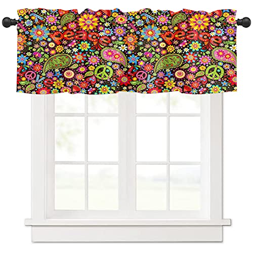 Hippie Symbol Curtain Valance For Windows/Living Room/Kitchen/Bathroom, Short Rod Pocket Tier Curtain Window Treatment, 1 Panel 54X18 Funny Hippie Peace Sign Paisley Flowers, #TOP2