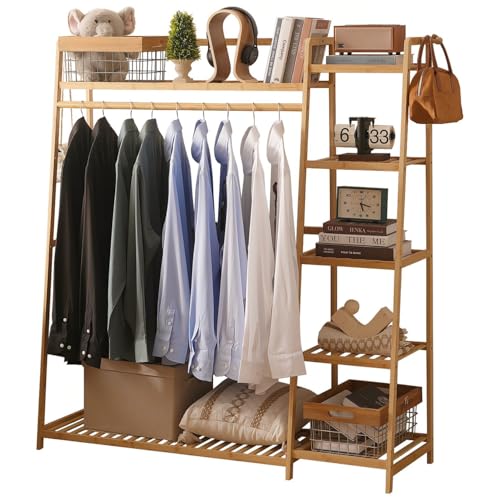 Baveke Bamboo Clothing Garment Rack Frame Made of FSC-Certified Bamboo, 7 Tier Storage Shelf Coat Clothes Hanging Rack, Portable Wardrobe Closet Organizer, Shoe Storage Shelves for Bedroom, Natural