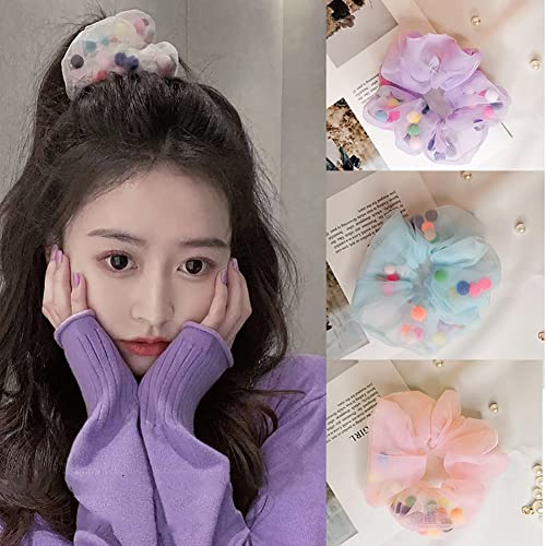 Generic Organza Pompom Scrunchies Hair Ties Chiffon Hair Elastics Bands Ponytail Holder For Women Girls 6 Pcs thumb #3