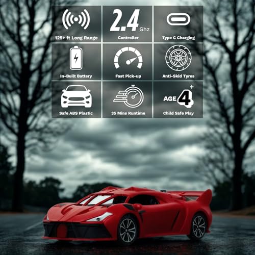 Image of Remote Control Car for Kids |Rechargeable High Speed RC Car with Lithium Battery |Type-C Charging |LED Headlights |Red