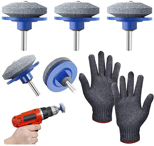BUZIFU Lot de 5 Pièces Affûtage de Lame Tondeuse avec Gants de Travail Aiguiseur Rigide en Alumine Brune et Céramique Affûteur Multifonction Affûteuse Universel pour Foret Lame Tondeuse Taille Haie