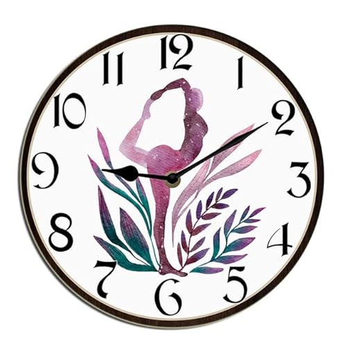 Horienteeon Orologio da parete per yoga, centro fitness, decorazione per soggiorno, in legno, silenzioso, senza ticchettio, orologio da parete per cucina/soggiorno/camera da letto/bagno, rotondo, 25,4