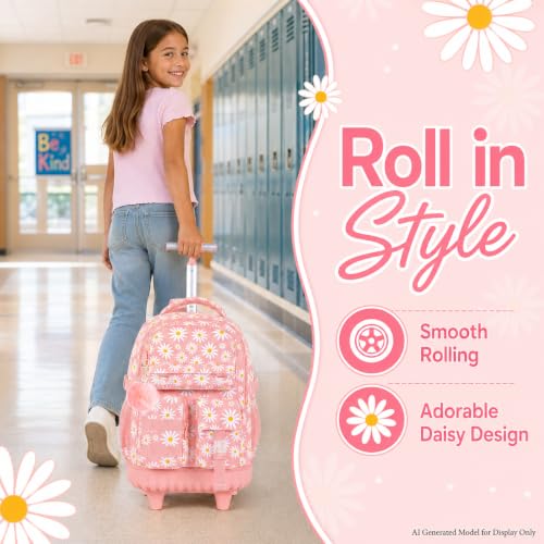Image of CCJPX 3Pcs Rolling Backpack for Girls, Roller Wheeled School Bookbag, Daisy Wheels Backpacks with Lunch Box for Kids (Pink)