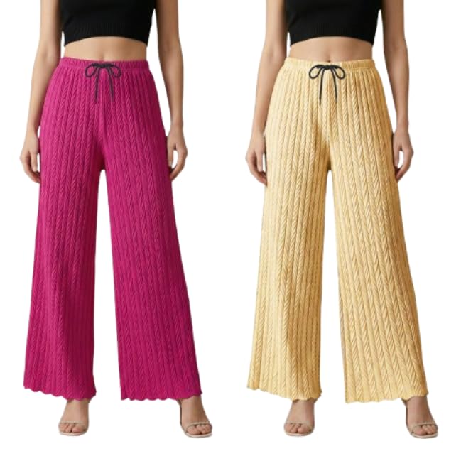 jenishas Women Palazzo Pants | Wide Leg Loose Fit Combo Pack Free Size Stretchable Waist Casual Wear,Office Wear, Home Wear (Pack of 2)-picture-25