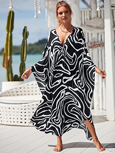 Image of sunforyou Kaftan Dresses for Women Plus Size Lightweight Swimsuit Cover up Batwing Sleeve Print Loungewear Beach Robe