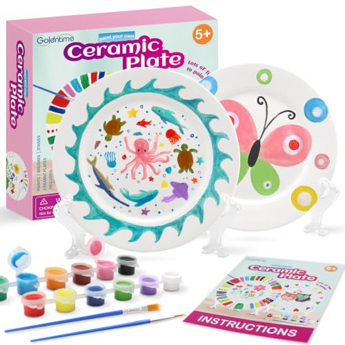 goldentime Ceramic Plate Painting kit for Kids and Adults Including 2 Ceramic Plates to Paint with 12 Paints 2 Brushes and 2 Stands - Perfect as DIY Home dcor or Gifts for Bithday Christmas