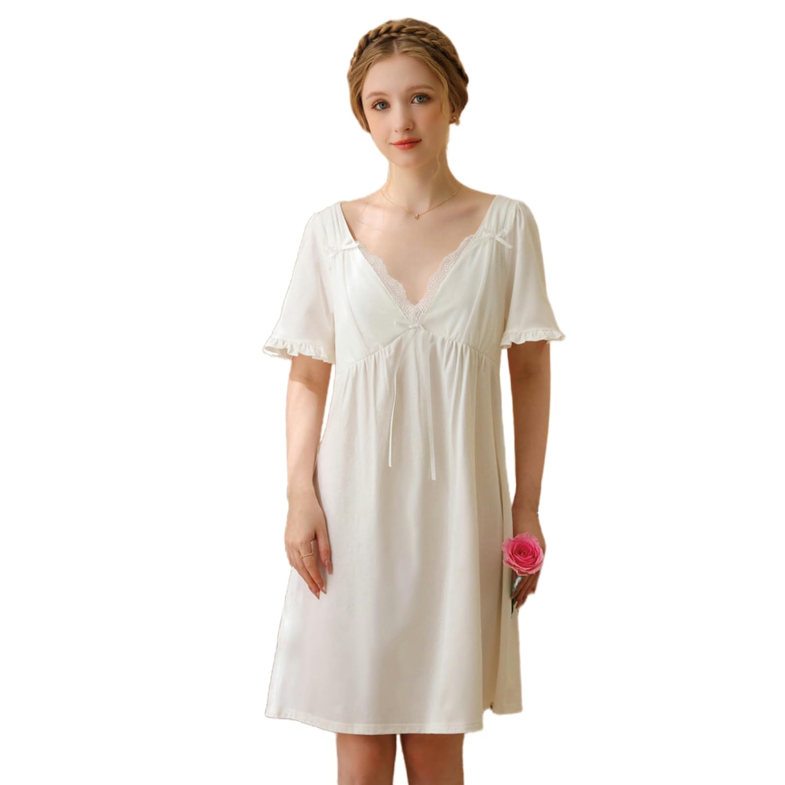 Camicia da Notte Donna Estiva Abito da Notte in Pizzo A Maniche Corte per Ragazze Primavera Ed Estate in Cotone Gonna Corta Dolce Principessa retrò Pigiama con Petto Pad-Bianco-M