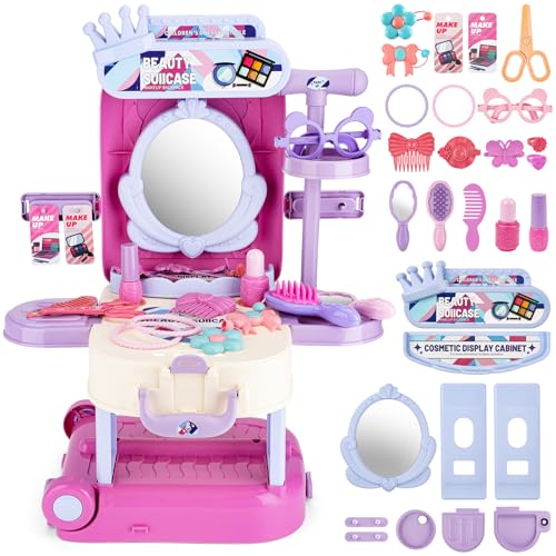 deAO 3 in 1 Toddler Vanity Makeup Table Girls Vanity & Suitcase Set with Fashion Accessories Pretend Play Travel Suitcase Fashion Beauty Set for Girls