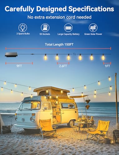 Brightever 150FT Solar String Lights Outdoor Waterproof with Remot, 55+2 Shatterproof ST38 LED Bulbs, Dimmable & 3 Lighting Modes, Warm White Solar Patio Lights for Balcony, Deck, Wedding - Image 3