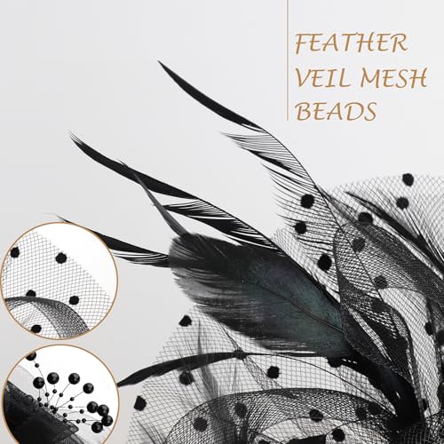 Image of DRESHOW 1920s Vintage Fascinators Hat for Women Veil Mesh Tea Party Derby Hat Bow Satin Gloves Pearl Jewelry Set for Cocktail