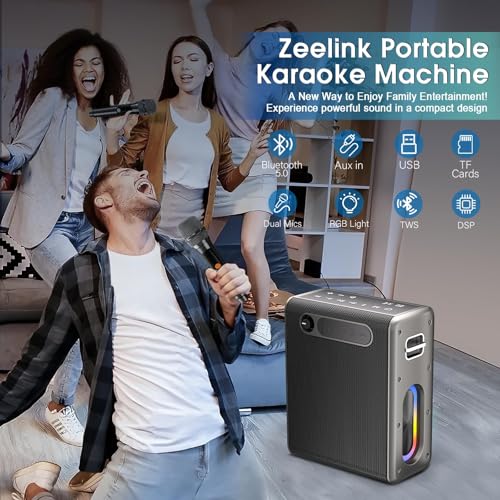karaoke machine with two wireless microphonesportable bluetooth speaker for adults amp kids pa system with 2 voice mode led lights supports twsauxusbtf for party