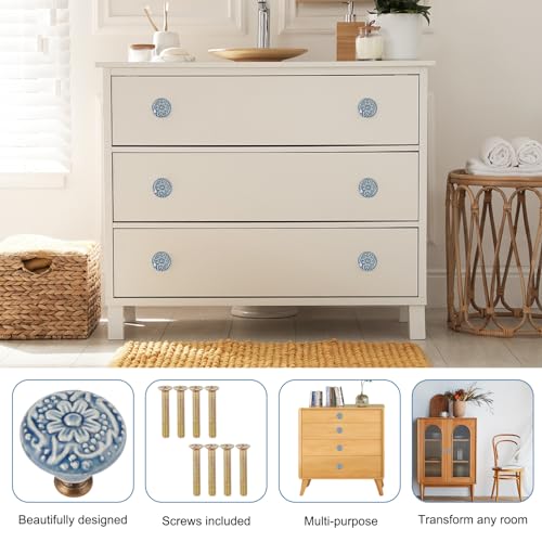 Rairsky 8 Stück Möbelknöpfe Keramik, Vintage Schubladengriff aus Keramik, Keramikknöpfe für Möbel, Möbelknöpfe Vintage Schrankknöpfe Keramik Geprägt mit Schrauben für Kommode, Schubladen, Türknöpfe
