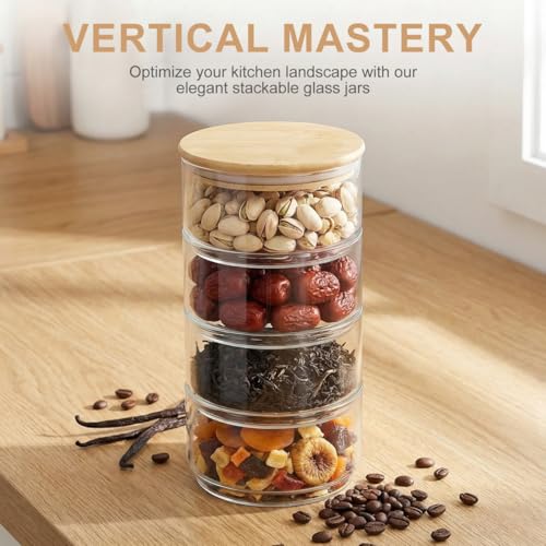 Image of DOITOOL Airtight Glass Storage Canister with Lids: 4-Tier Stackable Round Food Storage Container Kitchen and Pantry Organization Canisters for Cereal, Tea, Nuts, Fruit & Snacks - 4.3 inch x 4.3 inch x 8.6 inch