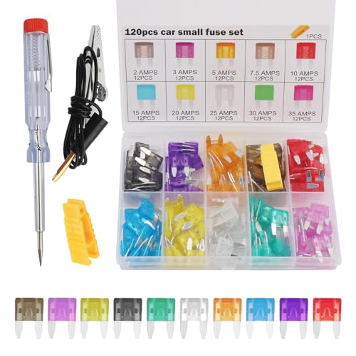 120PCS Car Fuses Assortment Kit with Tester & Puller,Muti-Size Car Fuse Kit Includes 35A/30A/25A/20A/15A/10A/7.5A/5A/3A/2A,Universal Fuses Automotive Kits Cars Accessories