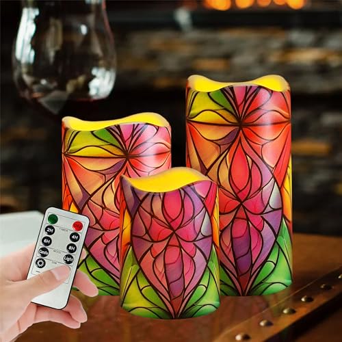 Image of Remote Flameless Candles-Set of 3 Stained Glass LED Pillar Candles Battery Operated Candle with Timer, 4 inch 5 inch 6 inch for Home Window Shelf Decor