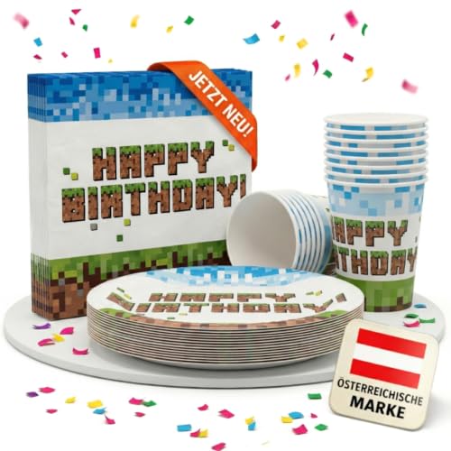 EV Partygeschirr Set für 16 Kinder Pixel Block Stilvolle Geburtstag Deko für Kindergeburtstag mit Pappteller Becher & Servietten Gaming Party Deko Set