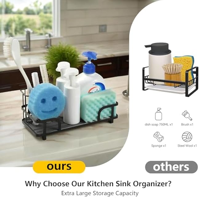 Stone Sponge Holder for Kitchen Sink Caddy with High Brush Holder,Water Absorbent Diatomite Quick Dry Kitchen Sink Organizer, 304 Stainless Steel Rustproof