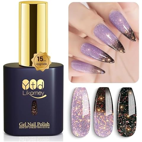 YTD Likomey Brocade Glitter Color Changing Gel Nail Polish,15ml Grayish Purple To Black Shimmer Mood Temperature Change Colors Iridescent Flakes,Fall Winter Ombre Thermal UV Gel,WB348 Cover