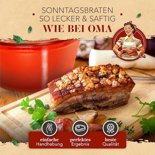 Foto von KRUSTENZAUBER Gusseisen Topf [inkl. Fleischgabel] - 26cm Schmortopf backofengeeignet - Idealer Bräter mit Deckel Backofengeeignet, Kochtopf Induktion, Emaille, Bratentopf Cast Iron