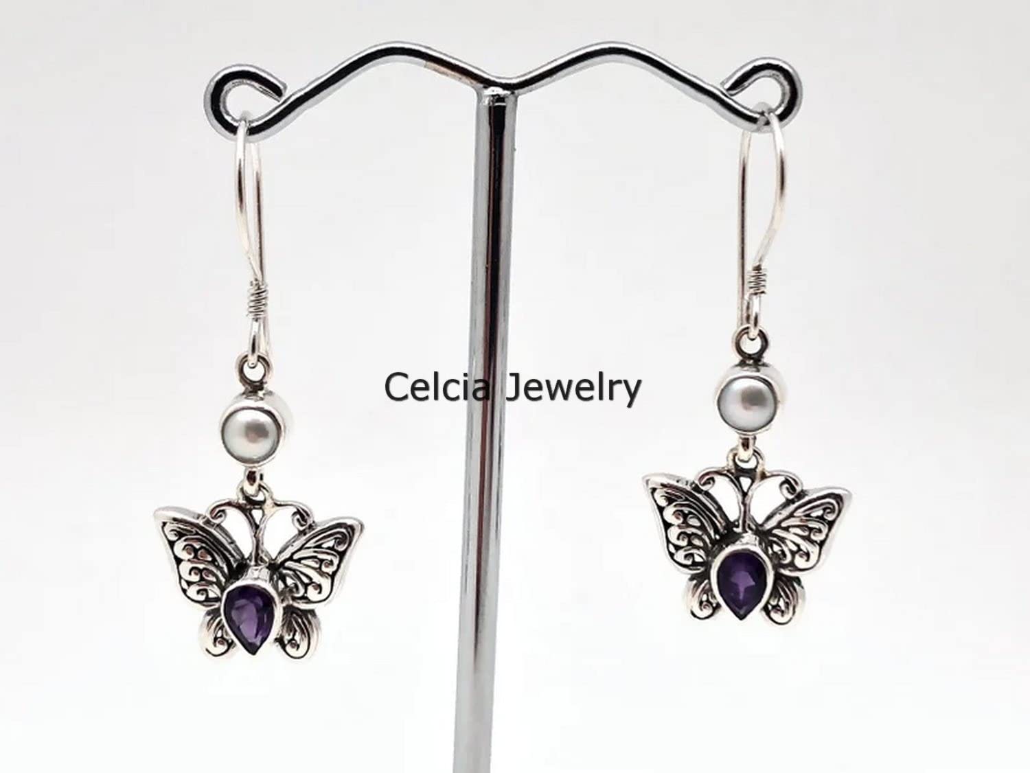 Orecchini pendenti a goccia con farfalla in argento sterling puro 925 per donna, orecchini con pietra preziosa genuina di ametista e perle artigianali unici